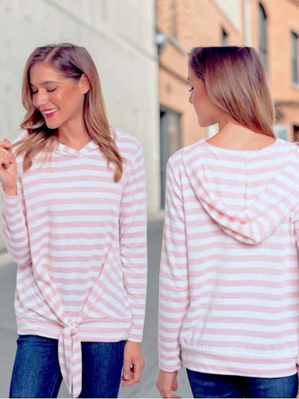 2-Left📍Pullover Hoodie with a Self-Tie waist, Pink/White Stripe, NEW✔️
